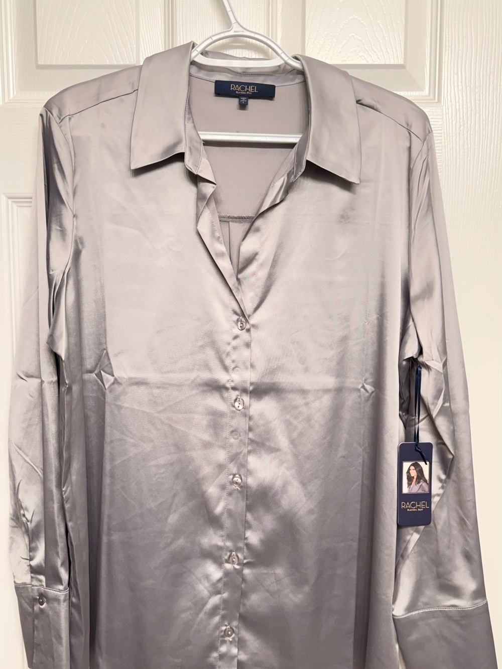 RACHEL Rachel Roy Silver Satin Long Sleeve Button-Up Shirt